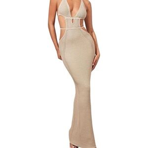 Beige Halter Cutout Knit Maxi Dress - Women